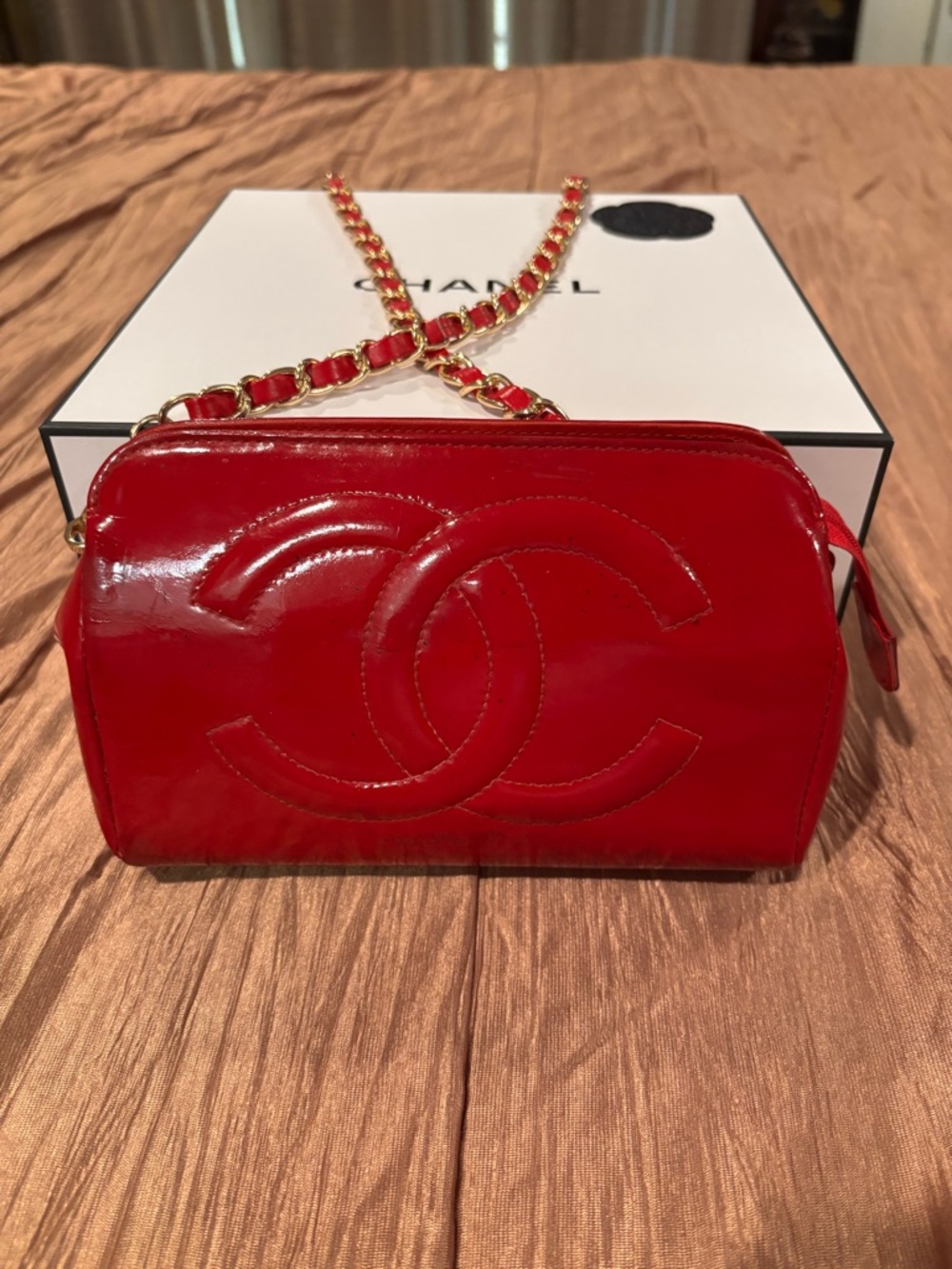 AUTHENTIC CHANEL Red Patent Leather Pouch Crossbody